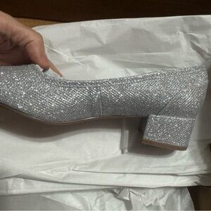 Shimmering Silver Block Heel Women's Shoes